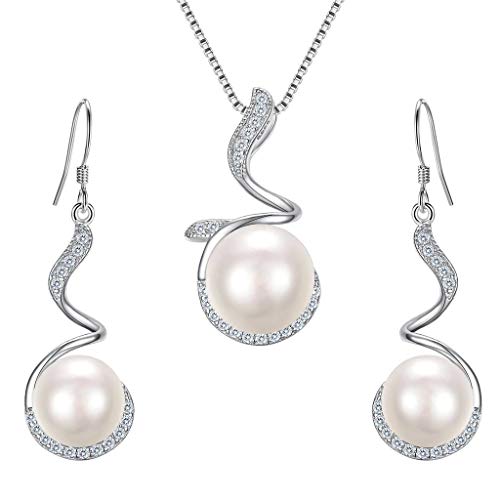 Clearine Damen 925 Sterling Silber Hochzeit Braut CZ Cream Süßwasser-Zuchtperle Unendlichkeit Blatt Vine Anhänger Halskette Hook Ohrringe Schmuck Set Klar (Stil3.) von Clearine