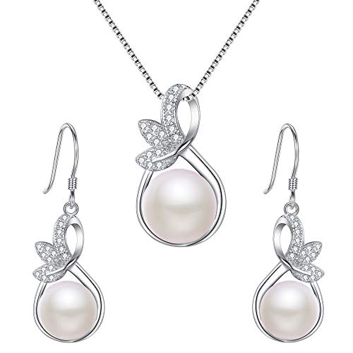 Clearine Damen 925 Sterling Silber Hochzeit Braut CZ Cream Süßwasser-Zuchtperle Unendlichkeit Blatt Vine Anhänger Halskette Hook Ohrringe Schmuck Set Klar von Clearine