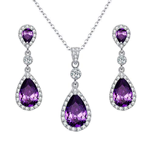 Clearine Damen 925 Sterling Silber Hochzeit Braut Cubic Zirconia Unendlichkeit Tropfen Anhänger Halskette Dangle Ohrringe Schmuck Set Amethystfarben von Clearine