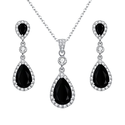 Clearine Damen 925 Sterling Silber Hochzeit Braut Cubic Zirconia Unendlichkeit Tropfen Anhänger Halskette Dangle Ohrringe Schmuck Set Schwarz von Clearine