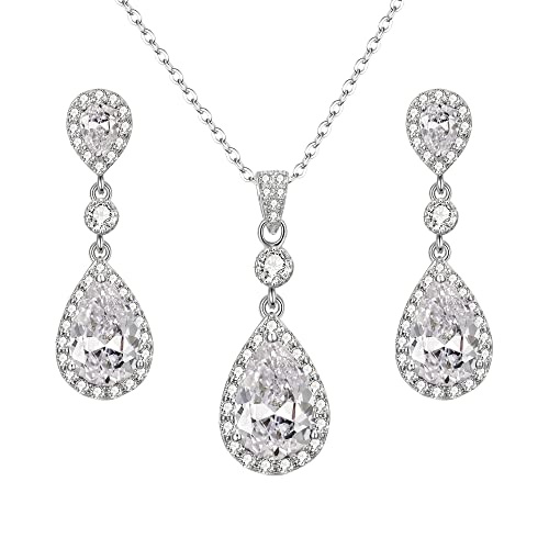 Clearine Cubic Zirconia Schmuckset Damen 925 Sterling Silber Hochzeit Braut mit Unendlichkeit Tropfen Anhänger Halskette Dangle Ohrringe Schmuck Set von Clearine