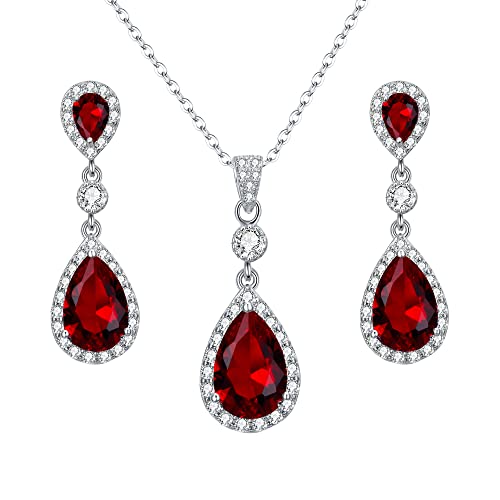 Clearine Damen 925 Sterling Silber Hochzeit Braut Cubic Zirconia Unendlichkeit Tropfen Anhänger Halskette Dangle Ohrringe Schmuck Set Rubin Rot von Clearine