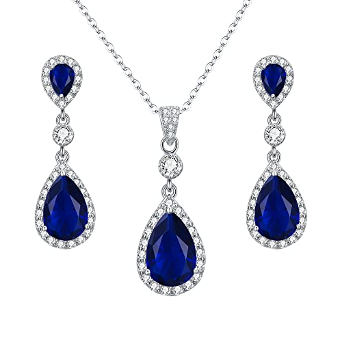 Clearine Cubic Zirconia Schmuckset Damen 925 Sterling Silber Hochzeit Braut mit Unendlichkeit Tropfen Anhänger Halskette Dangle Ohrringe Schmuck Set Blau von Clearine