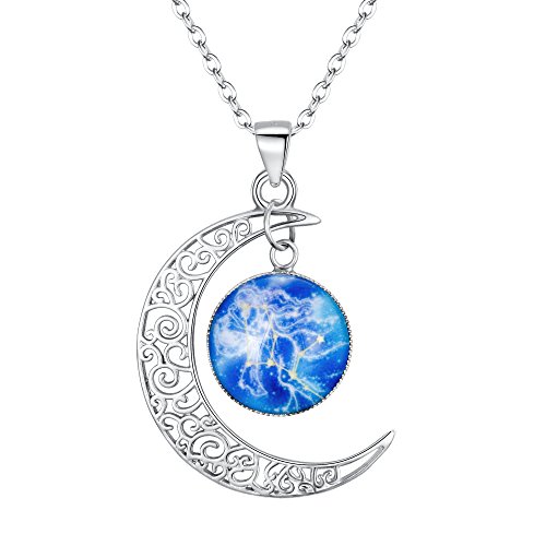 Clearine Sternbild Jungfrau Halskette Damen 925 Sterling Silber Horoskop 12 Konstellation Galaxis & Halbmond Mond Münze Blau Anhänger Hals-Schmuck Jungfrau von Clearine