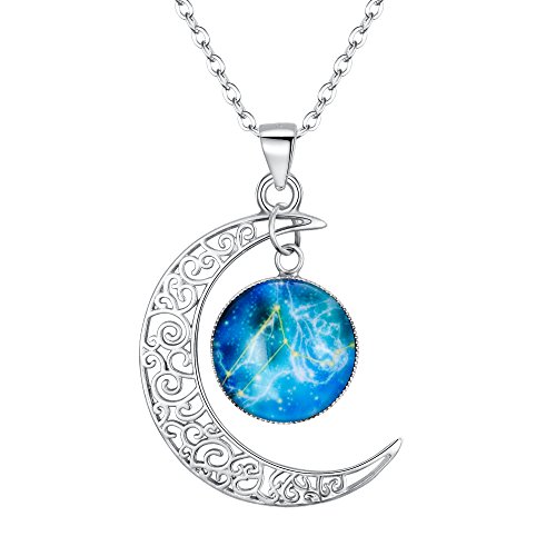 Clearine Sternbild Löwe Halskette Damen 925 Sterling Silber Horoskop 12 Konstellation Galaxis & Halbmond Mond Münze Blau Anhänger Hals-Schmuck Löwe von Clearine