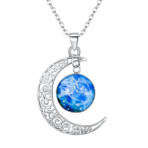 Clearine Sternbild Stier Halskette Damen 925 Sterling Silber Horoskop 12 Konstellation Galaxis & Halbmond Mond Münze Blau Anhänger Hals-Schmuck Stier von Clearine