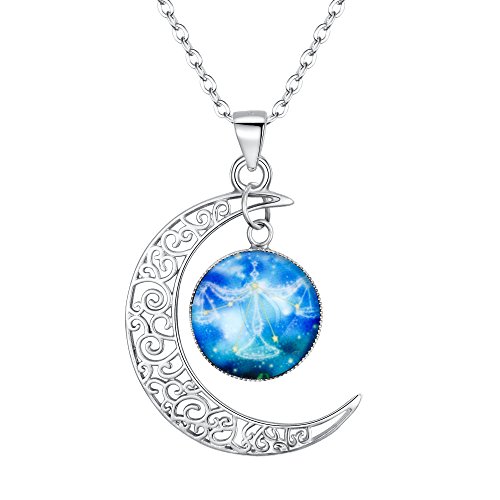 Clearine Sternbild Waage Halskette Damen 925 Sterling Silber Horoskop 12 Konstellation Galaxis & Halbmond Mond Münze Blau Anhänger Hals-Schmuck Waage von Clearine