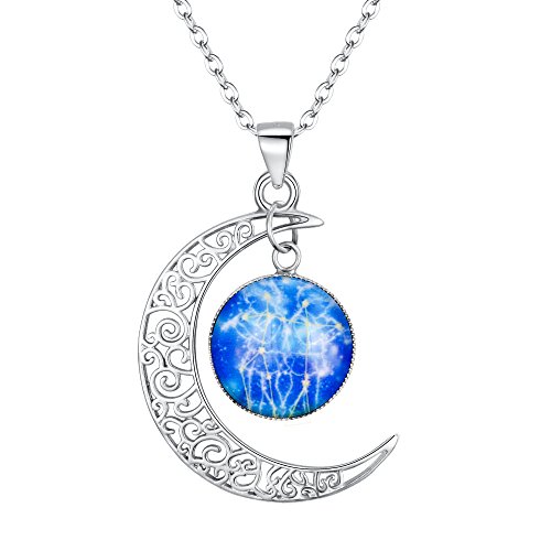 Clearine Sternbild Zwilling Halskette Damen 925 Sterling Silber Horoskop 12 Konstellation Galaxis & Halbmond Mond Münze Blau Anhänger Hals-Schmuck Zwillinge von Clearine