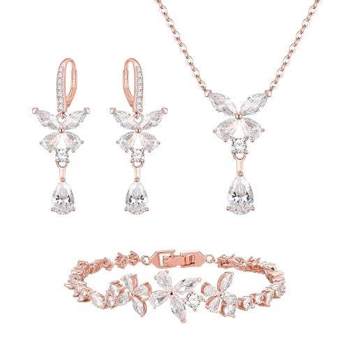 Clearine Damen Armband Halskette und Ohrringe Cubic Zirkonia Braut Schmetterling Teardrop Marquise Cluster 3 Stk Schmuck Set für Hochzeit Party Prom Klar RoseGold Tone von Clearine