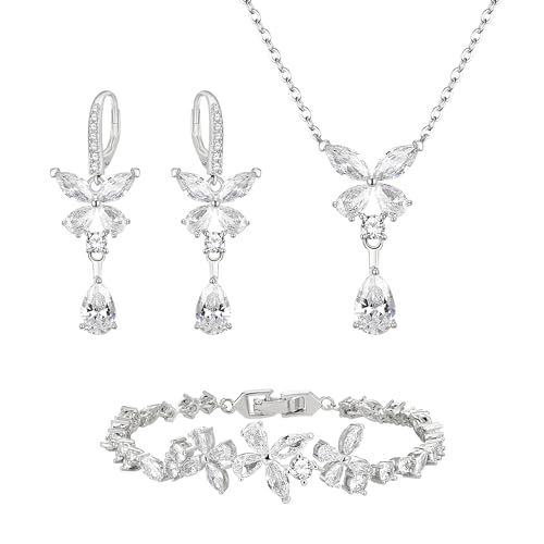 Clearine Damen Armband Halskette und Ohrringe Cubic Zirkonia Braut Schmetterling Teardrop Marquise Cluster 3 Stk Schmuck Set für Hochzeit Party Prom Klar Silber Tone von Clearine