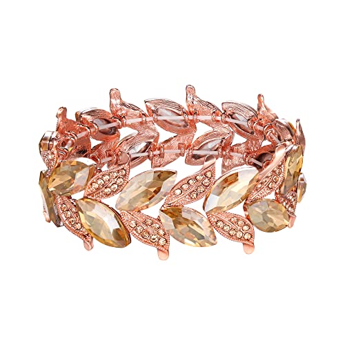 Clearine Damen Armband Hochzeit Braut Marquise-Form Blatt Stretch Armreif Armkette Bracelet Pfirsich-Farbe Roségold-Ton von Clearine