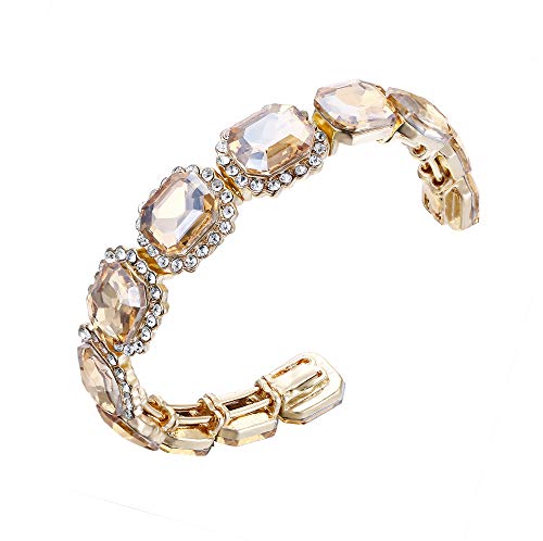 Clearine Damen Armband Hochzeit Braut Viel Emerald Cut Kristall Offen Bangle Elastisch Offene Armreif Champagner Gold Ton von Clearine