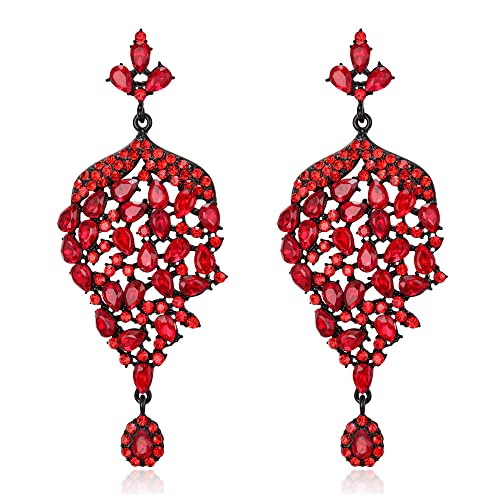 Clearine Damen Blatt Ohrringe Blatt-förmigen Cluster Strass Kristall Tropfen Ohrringe für Hochzeit Braut Brautjungfer Party Rubinrot Schwarz-Ton von Clearine