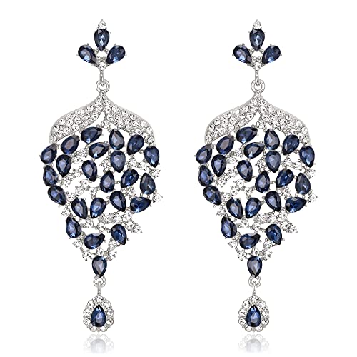 Clearine Damen Blatt förmigen Cluster Strass Kristall Tropfen Ohrringe für Hochzeit Braut Brautjungfer Party Saphirblau Silber Ton von Clearine