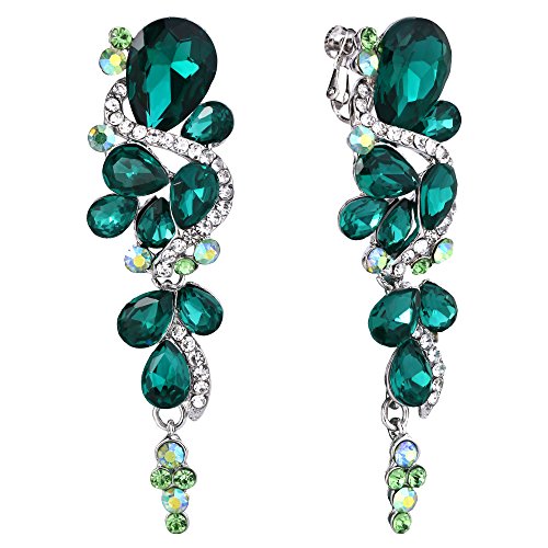 Clearine Damen Böhmisch Boho Kristall Hochzeit Braut Viele Tropfen Chandelier Screw Back Clip-On Dangle Ohrclip Ohrringe Smaragd-farbe Silber-Ton von Clearine