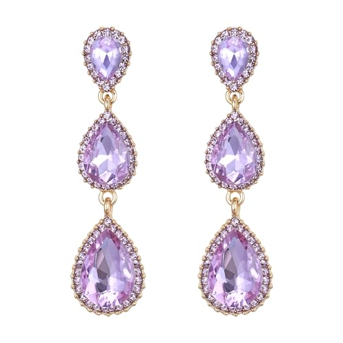 Clearine Damen Braut Brautjungfer wunderschöne Kostüm Ohrringe Teardrop Kristall lange Tropfen baumeln durchbohrt für Hochzeit Partei Prom Alle hell lila Gold Ton von Clearine