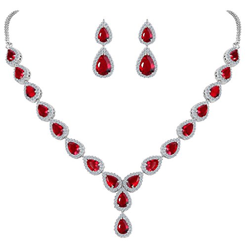 Clearine Damen Cubic Zirconia Boho Tropfen Unendlichkeit Hochzeit Y-Halskette Dangle Ohrringe Schmuck Set Rubin Rot von Clearine