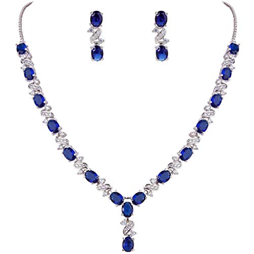 Clearine Damen Elegant Delicate Cubic Zirconia Unendlichkeit Y-Form Halskette Dangle Ohrringe Set Saphirblau von Clearine