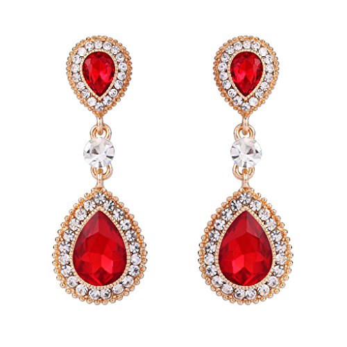 Clearine Damen Elegant Hochzeit Braut Kristall Doppel Tropfen Beaded Dangle Statement Ohrringe Gold-Ton Rot von Clearine