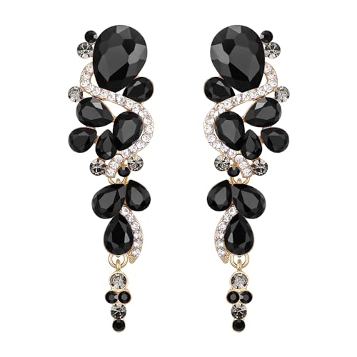 Clearine Damen Hochzeit Braut Bohemian Boho Kristall Kronleuchter lange Tropfen baumeln Ohrringe Schwarz Gold Ton von Clearine