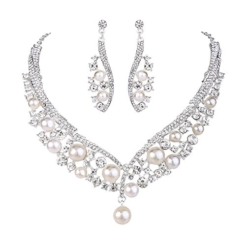 Clearine Damen Hochzeit Braut Kristall Cream Künstliche Perlen Cluster Beaded Statement Halskette Dangle Ohrringe Schmuck Set Klar Silber-Ton von Clearine