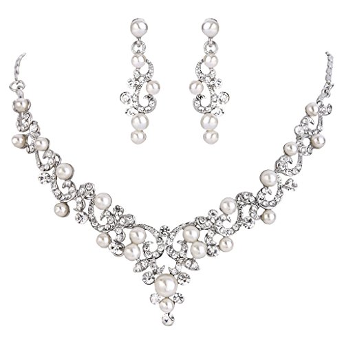 Clearine Damen Hochzeit Braut Kristall Künstliche Perlen Filigran Vine Y-Halskette Dangle Ohrringe Set Klar Silber-Ton von Clearine