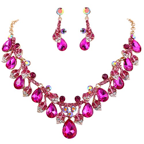 Clearine Damen Hochzeit Braut Kristall Tropfen Cluster Blatt Vine Statement Halskette Dangle Ohrringe Fuchsie Gold-Ton von Clearine