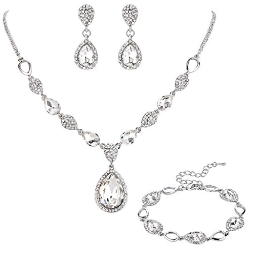 Clearine Damen Hochzeit Braut Kristall Tropfen Y-Halskette Tennis Armband Dangle Ohrringe Set Klar Silber-Ton von Clearine
