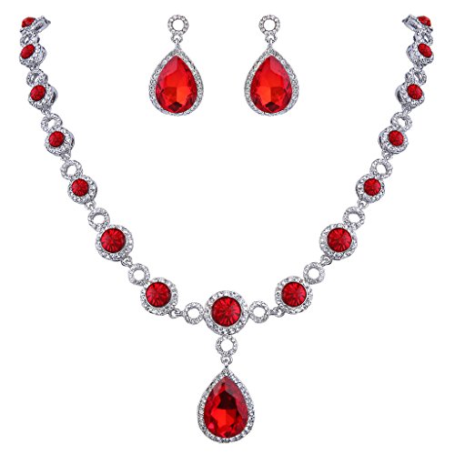 Clearine Damen Hochzeit Braut Kristall Unendlichkeit Figur 8 Tropfen Y-Halskette Dangle Ohrringe Set Rubin Rot Silber-Ton Juli Geburtstsein von Clearine