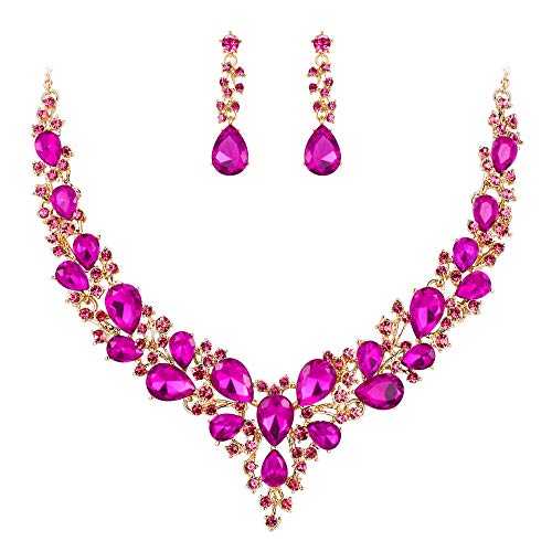 Clearine Damen Hochzeit Braut Österreichen Kristall Tropfen Cluster Statement Halskette Dangle Ohrringe Schmuck Set Fuchsia Hot Pink Gold-Ton von Clearine