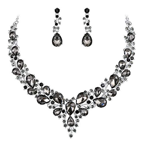 Clearine Damen Hochzeit Braut Österreichen Kristall Tropfen Cluster Statement Halskette Dangle Ohrringe Schmuck Set Grau Schwarz Silber-Ton von Clearine