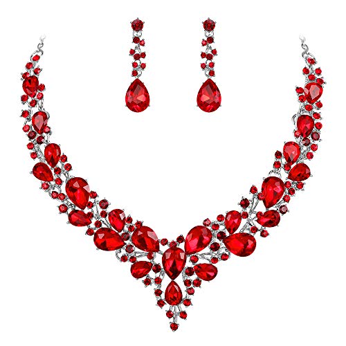 Clearine Damen Hochzeit Braut Österreichen Kristall Tropfen Cluster Statement Halskette Dangle Ohrringe Schmuck Set Rubin-Rot Silber-Ton von Clearine