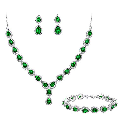 Clearine Damen Hochzeit Braut Tropfen CZ Unendlichekeit Figur 8 Y-Halskette Tennis Armband Dangle Ohrringe Set Smaragd-farbe Silber-Ton von Clearine