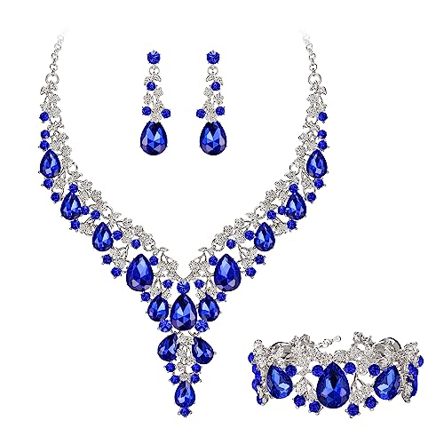 Clearine Damen Hochzeit Braut österreichischen Kristall Teardrop Blume Cluster Statement Halskette Ohrringe und Armband Schmuck-Set für Prom Blau Silber-Ton von Clearine