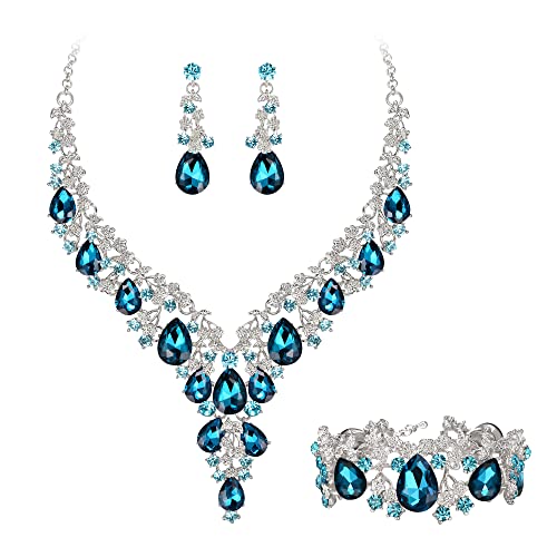 Clearine Damen Hochzeit Braut österreichischen Kristall Teardrop Blume Cluster Statement Halskette Ohrringe und Armband Schmuck-Set für Prom Blautopas Silber-Ton von Clearine