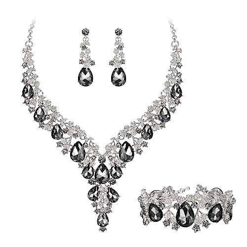 Clearine Damen Hochzeit Braut österreichischen Kristall Teardrop Blume Cluster Statement Halskette Ohrringe und Armband Schmuck-Set für Prom Grau Silber-Ton von Clearine