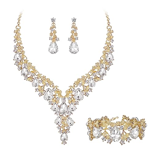 Clearine Damen Hochzeit Braut österreichischen Kristall Teardrop Blume Cluster Statement Halskette Ohrringe und Armband Schmuck-Set für Prom Klar Gold-Ton von Clearine