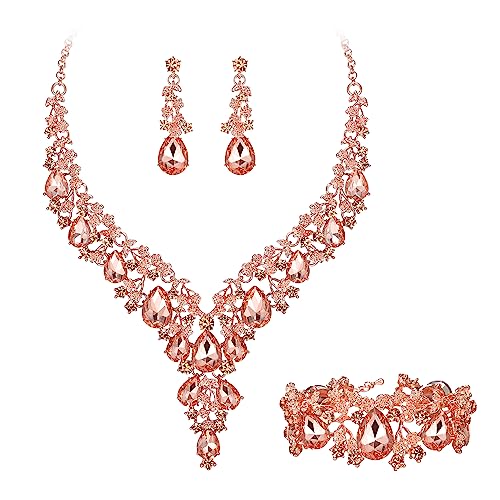 Clearine Damen Hochzeit Braut österreichischen Kristall Teardrop Blume Cluster Statement Halskette Ohrringe und Armband Schmuck-Set für Prom Pfirsich Rose Gold-Ton von Clearine