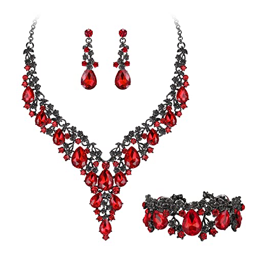 Clearine Damen Hochzeit Braut österreichischen Kristall Teardrop Blume Cluster Statement Halskette Ohrringe und Armband Schmuck-Set für Prom Rubin-Rot Schwarz-Ton von Clearine