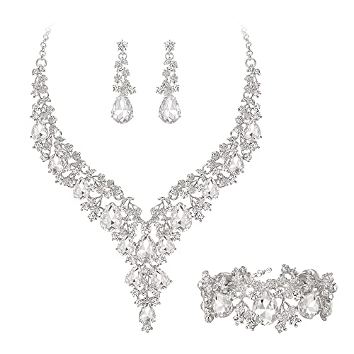 Clearine Damen Hochzeit Braut österreichischen Kristall Teardrop Blume Cluster Statement Halskette Ohrringe und Armband Schmuck-Set für Prom klar Silber-Ton von Clearine