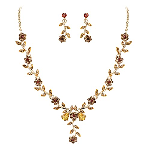 Clearine Damen Hochzeit Schmuck Set Blatt Cluster Blume Kristall Anhänger Halskette baumeln Ohrringe für Braut Champagne Gold Tone von Clearine