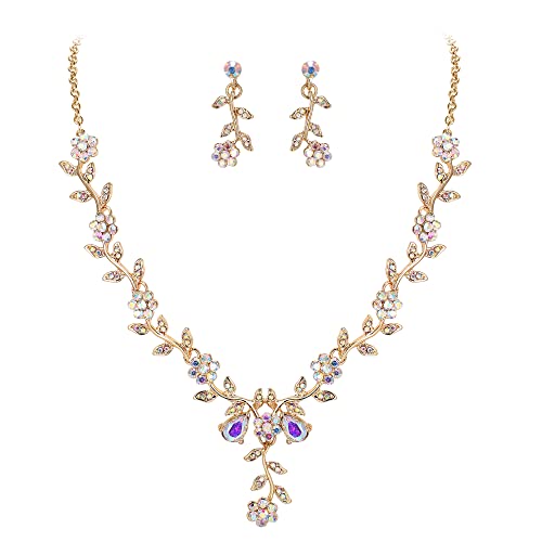 Clearine Damen Hochzeit Schmuck Set Blatt Cluster Blume Kristall Anhänger Halskette baumeln Ohrringe für Braut Iridescent AB Gold Tone von Clearine