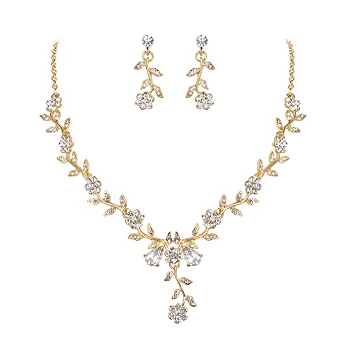 Clearine Damen Hochzeit Schmuck Set Blatt Cluster Blume Kristall Anhänger Halskette baumeln Ohrringe für Braut Klar Gold Ton von Clearine