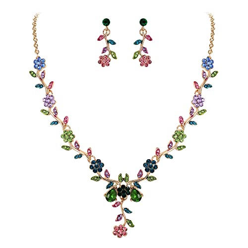 Clearine Damen Hochzeit Schmuck Set Blatt Cluster Blume Kristall Anhänger Halskette baumeln Ohrringe für Braut Mehrfarbig Gold Tone von Clearine