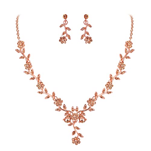 Clearine Damen Hochzeit Schmuck Set Blatt Cluster Blume Kristall Anhänger Halskette baumeln Ohrringe für Braut Champagner Rosegold Ton von Clearine