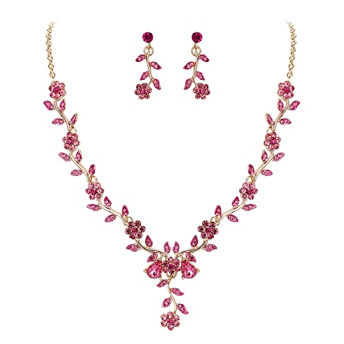 Clearine Damen Hochzeit Schmuck Set Blatt Cluster Blume Kristall Anhänger Halskette baumeln Ohrringe Set für Braut Braut Rosa Gold-Tone von Clearine