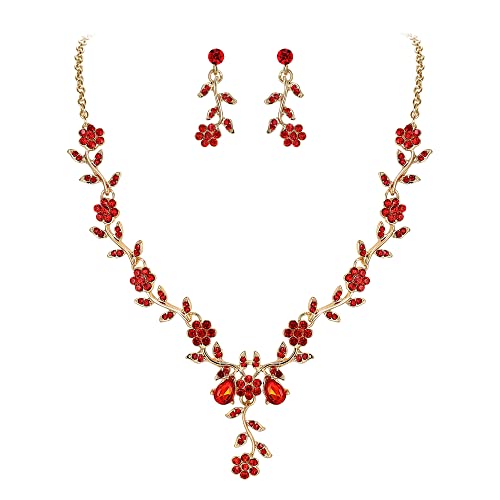 Clearine Damen Hochzeit Schmuck Set Blatt Cluster Blume Kristall Anhänger Halskette baumeln Ohrringe für Braut Rot Gold Tone von Clearine