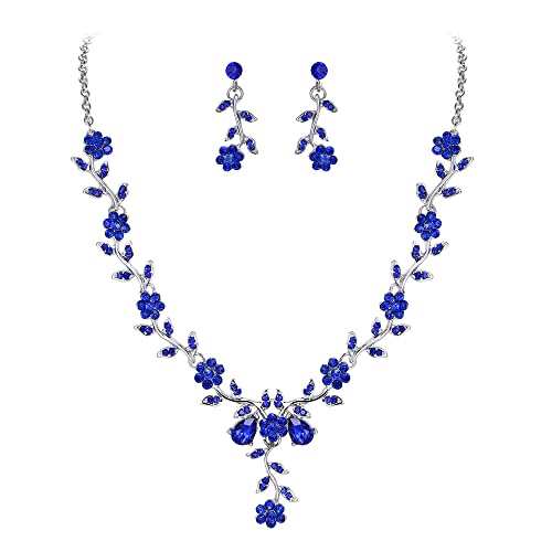Clearine Damen Hochzeit Schmuck Set Blatt Cluster Blume Kristall Anhänger Halskette baumeln Ohrringe für Braut SaphirBlau Siber Ton von Clearine
