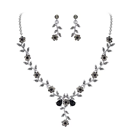 Clearine Damen Hochzeit Schmuck Set Blatt Cluster Blume Kristall Anhänger Halskette baumeln Ohrringe für Braut Schwarz Silber Tone von Clearine