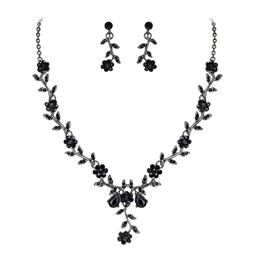 Clearine Damen Hochzeit Schmuck Set Blatt Cluster Blume Kristall Anhänger Halskette baumeln Ohrringe Set für Braut Braut Schwarz von Clearine